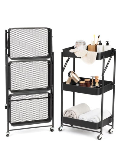 Buy 3 Tiers Foldable Storage Trolley Cart office cart Kitchen utility carts Foldable Rolling Carts Trolley with Locking Wheels for Kitchen Multi-purpose Shelving Organizer storage rack in Saudi Arabia