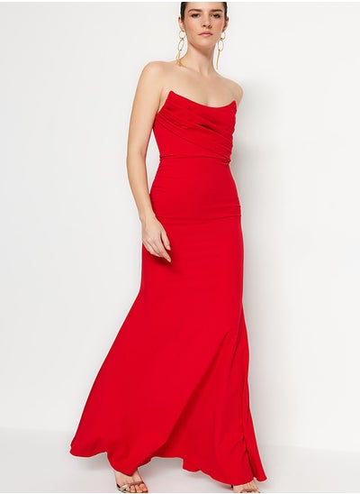 Buy Red Collar Detailed Woven Long Evening Dress TPRSS21AE0121 in Egypt