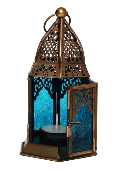 Buy HILALFUL Handmade Decorative Candle Lantern, Small | Suitable for Indoor & Outdoor Décor | Moroccon Arabian Style | For Home Decoration in Ramadan, Eid | Iron | Islamic Gift | Turquoise Glass in UAE