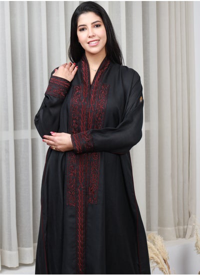 Buy Black abaya with red thread embroidery on the sleeves and collar and a pattern on the back in Saudi Arabia