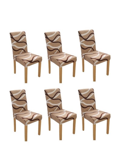 Buy 6-Piece Waves Design Dining Chair Cover Set Beige/Brown/White in UAE