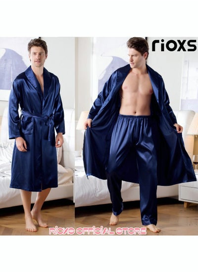 اشتري Men's 2 Piece Satin Sleepwear Long Sleeve Belted Robe And Pants Lightweight Soft Pajamas Loungewear Set في السعودية