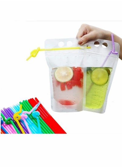 اشتري 50 Pcs Drink Pouches with Straws Stand Up Hand Held Translucent Reclosable Heat Proof Plastic Zipper Juice Bags - 9.06" x 5.12"/17 Oz في السعودية