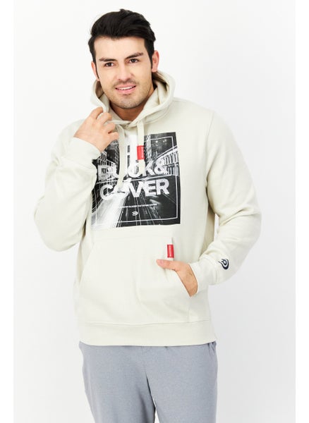 Buy Men Hooded Long Sleeve Graphic Print Sweatshirt, Beige in UAE