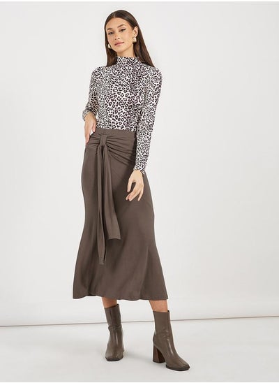 Buy Tie Draped Detail Solid Midi Skirt in Saudi Arabia