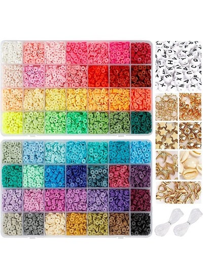 اشتري 14420 Clay Diy Beads for Bracelet Making Kit, 56 Colors Spaced Black Stone Beads Flat Round Polymer Clay Beads with Charm Kit and Elastic String في السعودية