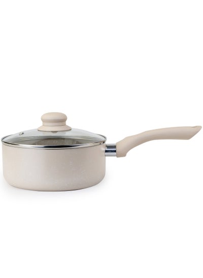 Buy Oak Sauce Pan with Glass Lid and Marble Coating Nonstick Induction Flat Bottom Cast Aluminum – Dia 18cm - Cream in UAE