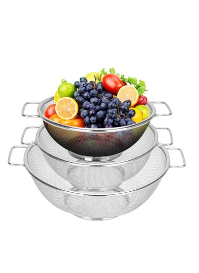 Buy Strainer Sets with Resting Base - 20cm, 22cm, 26cm - Stainless Steel Colander Strainer with Handle with Fine Mesh Basket Strainer for Pasta, Fruits And Vegetables in UAE