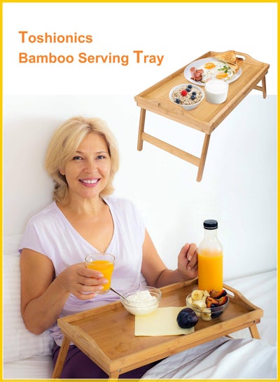 Buy Bamboo Wood Bed Tray with Handles: Folding Legs, Serving Tray for Coffee, Food, Breakfast, and Dinner in UAE