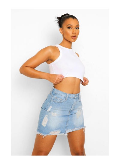 اشتري Asymmetric Distressed Denim Mini Skirt في الامارات