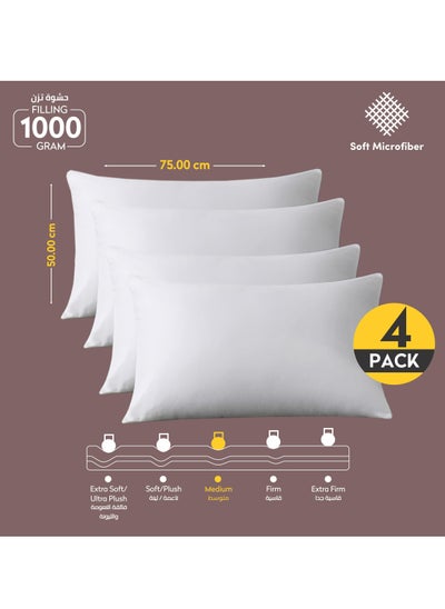 Buy Hotel Style Bed Pillow 4 Piece (1000 g Each) Luxury Down Alternative Pillow Breathable Covers With brushed Microfiber and Satin Stripes White in UAE