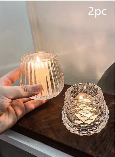 Buy 2-Piece Tea Light Candle Holder Decorative Candle Night Light Prop Glass Clear in UAE