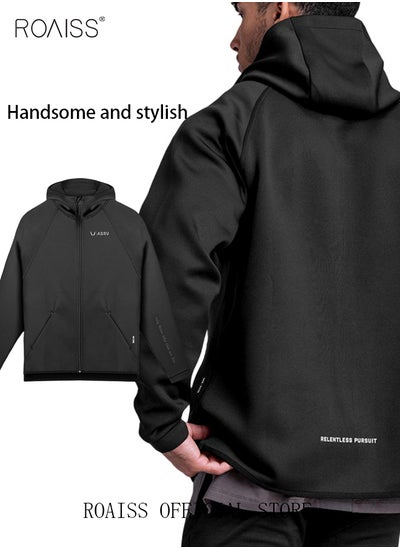 Buy Men's Zipper Up Hooded Sweatshirt with Pockets Fall Winter Clothing for Men Sports Sweater Activewear Outerwear Loose Jacket Plus Size Solid Color Printed Cardigan Coat Black in Saudi Arabia