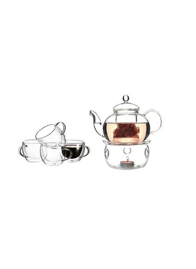 Buy Tea Pot Set With Cups And Burner Clear 600ml in Saudi Arabia