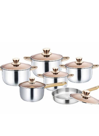 Buy Set of 12 Cookware Set - Stainless Steel Pots, Pans, Kitchen Utensils Set with Tempered Glass Lid and Gold Handles in UAE