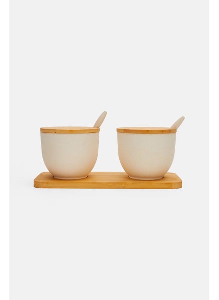 Buy 2 Pcs Bamboo Fibre Condiment Bowl With Spoon And Lid, White in UAE