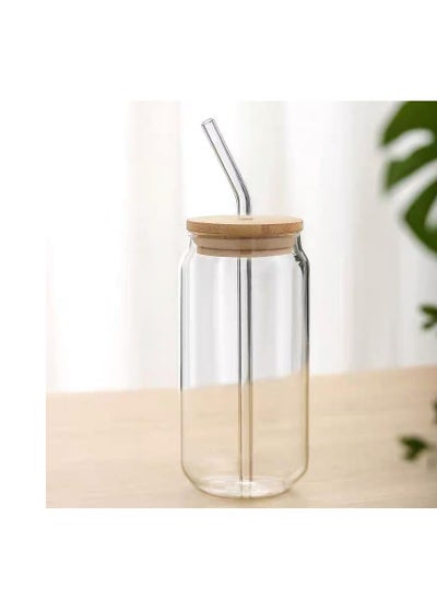 Buy A cup with a wooden lid and transparent glass: practical for juices, ice coffee, and milk, decorated with cartoon drawings of various shapes. in Egypt