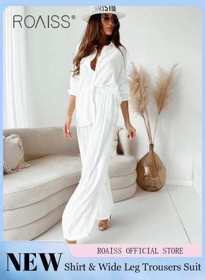 Buy Ladies Comfortable Cotton Linen 2 Piece Suit for Daily Commute - Shirt and Wide Leg Pants Set with Simple Loose Fit Design for Leisure in UAE