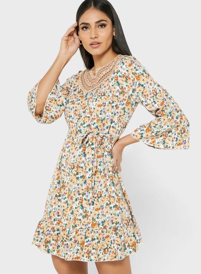 Buy Lace Trim Neckline Cuff Sleeve
 Printed Dress in Saudi Arabia