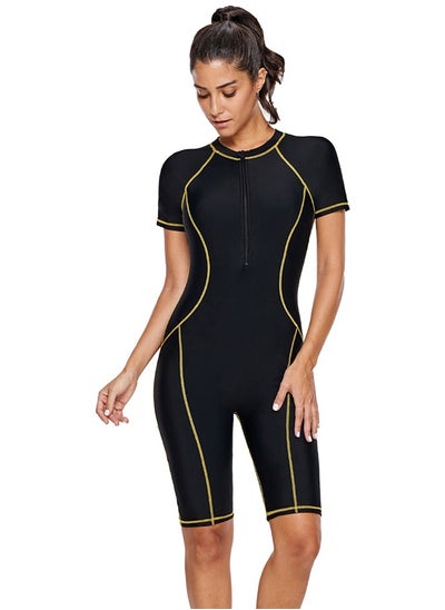 Buy One Piece Short Sleeve Quick-Dry Swimwear Black in UAE