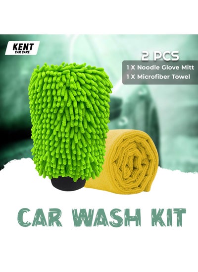 Buy KENT 2-in-1 Microfiber Noodle Wash Mitt Pack – Versatile Car Wash Kit with Microfiber Towel/Glove, Efficient Cleaning &DryingSolution GREEN and YELLOW in Saudi Arabia