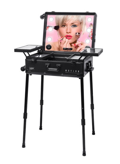 Buy Makeup Vanity Mirror Stand Trolley Case with LED lights Black in UAE