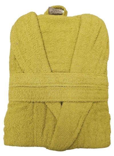 Buy Turkish Cotton Bathrobe Terry Unisex with Dual Pockets, Belt and Shawl Collar Mustard Yellow One Size in UAE