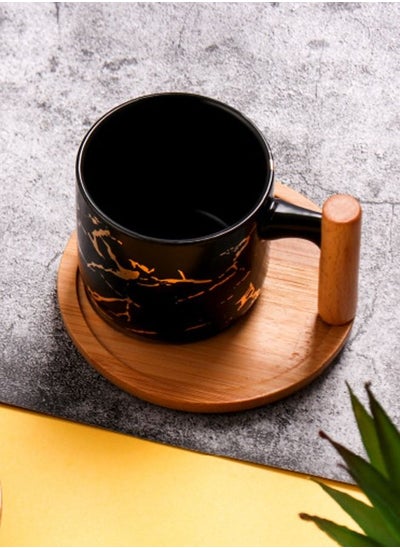 Buy 2-Piece Ceramic 180ml Coffee Mug Tea Cup With Wood Handle And Saucer in UAE