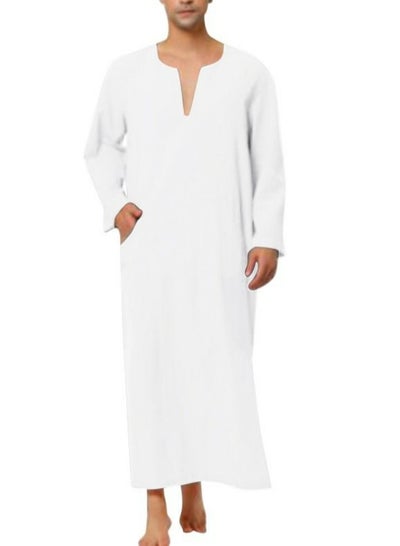 اشتري Men's Muslim Solid Color Loose Robe Thobe Long Sleeve Side Split Kaftan White في السعودية