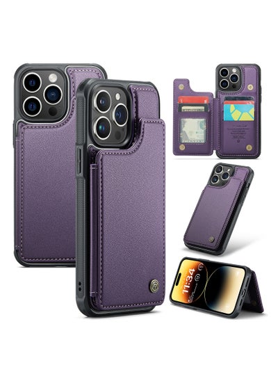 Buy Wallet Case for Apple iPhone 14 Pro Max, Premium Handmade Durable PU Leather Slim Shockproof Case with [Double Magnetic Clasp] [Card Holder] [Kickstand] [RFID Blocking] (Purple) in UAE