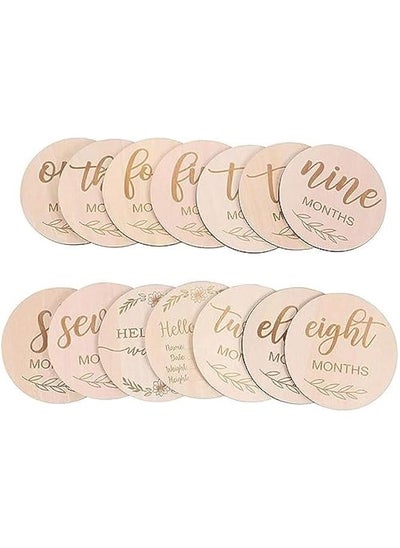 Buy Wooden Baby Monthly Milestone Cards With Announcement Sign For Newborn - 14 Reversible Wooden Circles in UAE