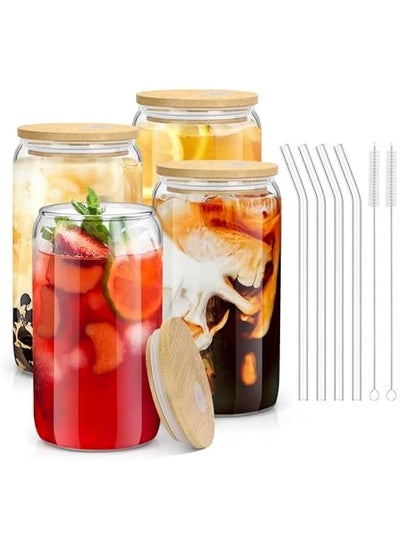 Buy Glass Cups with Bamboo Lids and Straws, 16OZ Ice Coffee Cup, Drinking Cup set with Wooden Lids, Home Essential Glass Tumblers for Beer, Cocktail, Tea and Latte (4 Pack) in UAE