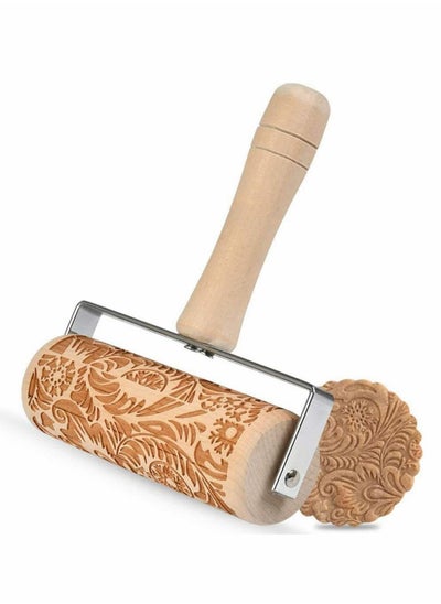 Buy Embossing Rolling Pin, Wooden 3D Rose Flower Pattern Embossed Engraved Roller Fondant Cake Dough Biscuit Baking Housewarming Gift Engraved for Kids Cookies Crusts Pies & Pastry Clay Crafts in UAE