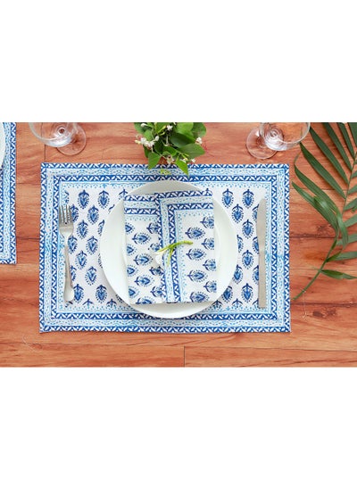 Buy 12 Piece Indigo Hand Block Printed Table Placemats on 100 Percent Canvas Cotton & Soft Cotton Napkin Set in UAE