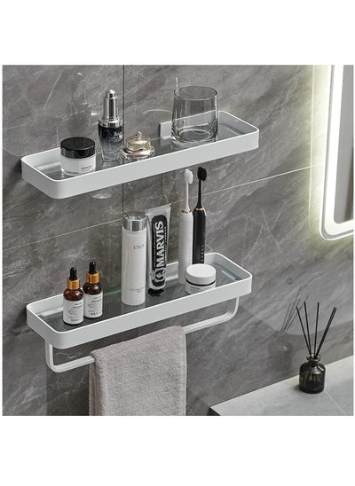 اشتري Bathroom Shelves Wall Mounted Glass Shelves for Bathroom Floating Shelf with Towel Holder Glass Shower Shelf 2 Tier Bathroom Wall Organizer-White في السعودية