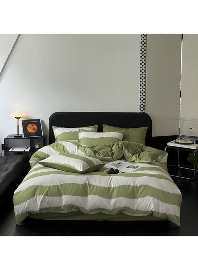 Buy Four Piece Green and White Stripe Design Duvet Cover Set Cotton Multicolour 200x230cm in UAE