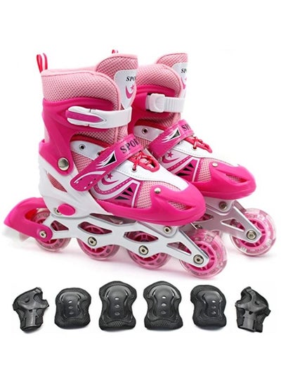 Buy Inline Skates Adjustable Size Roller Skates with Flashing Wheels Children Skate Shoes Including Protective Gear (Knee Elbow Wrist) Pink Colour in UAE
