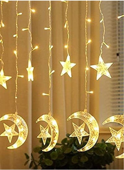 Buy Outdoor 138 LED Solar Powered Curtain Lights, 8 Lighting Modes Solar Star Moon String Lights Ramadan Waterproof Twinkle Lights for Backyard Eid in UAE