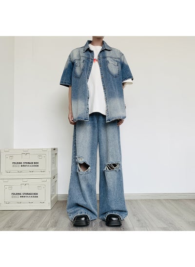 Buy Mens Denim Suit Summer ins Hong Kong-style Lapel Short-sleeved Denim Shirt Ripped Wide-leg Casual Pants Two-piece Set Blue in Saudi Arabia