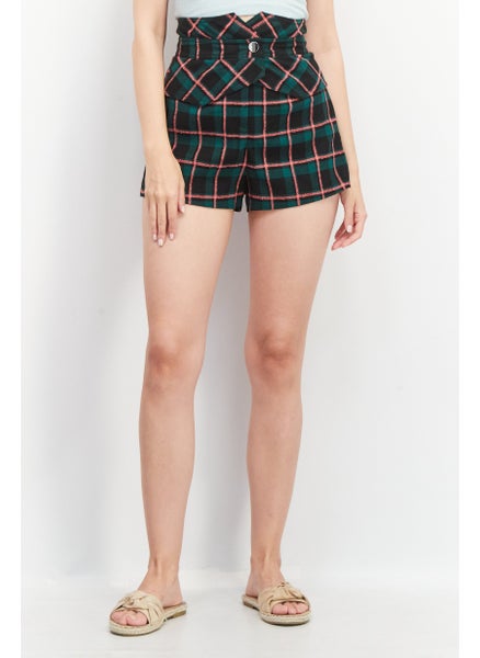 Buy Women High Rise Checkered Basic Shorts, Green/Black Combo in UAE