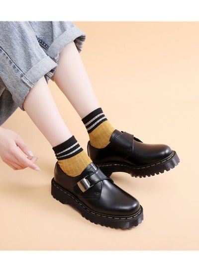 Buy Buckle Women's Low Cut Leather British Casual Leather Shoes Black in Saudi Arabia