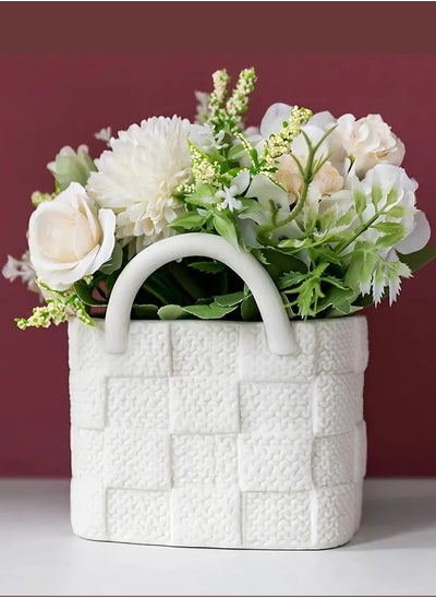 Buy Contemporary Mini Ceramic Tote Bag Vase - Handbag-Shaped Art Vase with Handle, Unique Minimalist Floral Decor for Wedding Centerpieces and Home Arrangement - White in UAE