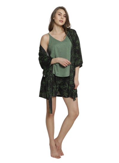 Buy 3-Piece Turkish Cotton Nightwear Sleepwear Robe Set Shorts and Top Pajama Set for Women Black/Green in UAE