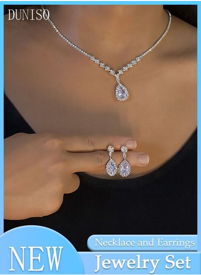 اشتري 2Piece Jewelry Set With Necklace and Earrings Full Diamond V Neck Necklace Pendant Crystal Earrings Wedding Bridal Bridesmaid Costume Jewelry Set for Women and Girls Dress Accessories في الامارات