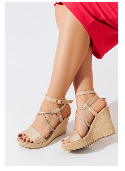 Buy Sandal Heels Wedge Suede With Diamond Straps W-7 - Beige in Egypt