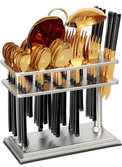 Buy Cutlery Set 38-Piece 18/10 Stainless Steel Spoon Set - Knife and Forks with cutlery holder - Tea & Ice Spoons - Dinner & Cake Fork - Fruit Knife - Soup ladle - Rice Server - Service for 6 Black/Gold in UAE