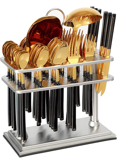 Buy Cutlery Set 38-Piece 18/10 Stainless Steel Spoon Set - Knife and Forks with cutlery holder - Tea & Ice Spoons - Dinner & Cake Fork - Fruit Knife - Soup ladle - Rice Server - Service for 6 Black/Gold in UAE