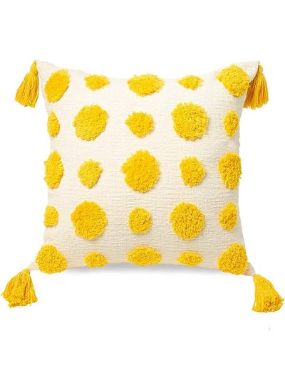 اشتري Tufted Throw Pillow Cover 18x18 Inch, Cotton Pom Poms and Handwoven Tassels Decorative Chenille Textured Cute Cushion Case for Couch, Bed, Sofa, Kids Room (2 PCS) (Yellow) في الامارات