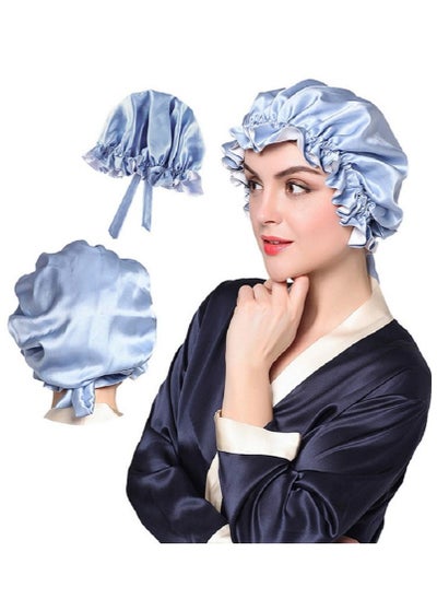 اشتري 22 Momme 100% Mulberry Silk Hair Care Bonnet Cap for Sleeping-Blue في السعودية