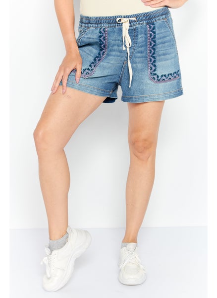 اشتري Women Embroidered Washed Denim Short, Navy Blue في الامارات